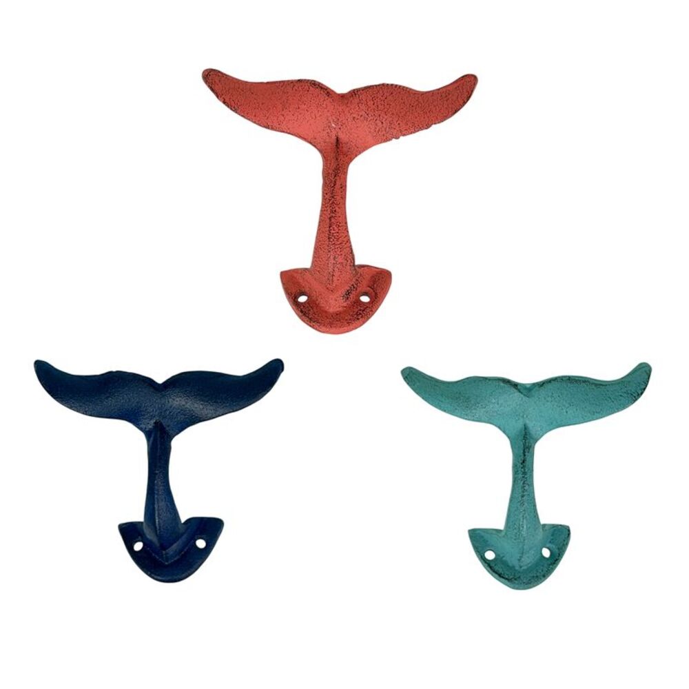 Set of 3 Cast Iron Whale Tail Wall Hooks Coastal Nautical Distressed 5 Inch